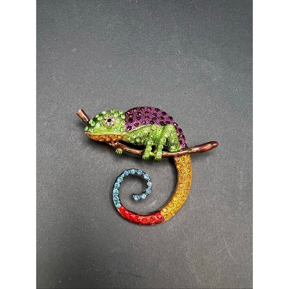Green Purple Orange Red Blue Rhinestone Chameleon Pin Brooch